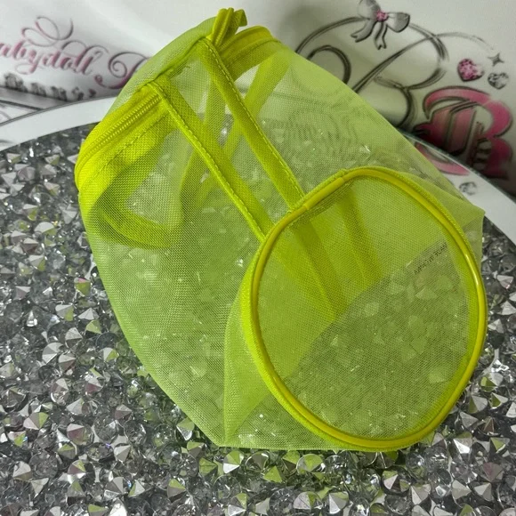 Deva curl bag mini Lime Green Mesh Tote Bag beach travel pouch zip up round - Picture 2 of 4